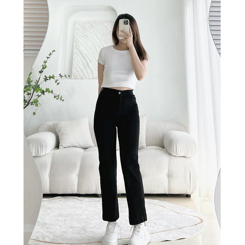 Quần Jean Ống Đứng GẤP LAI Dáng Suông Hàn Quốc Màu Đen Nữ Leda - Quần Bò Ống Đứng Co Dãn