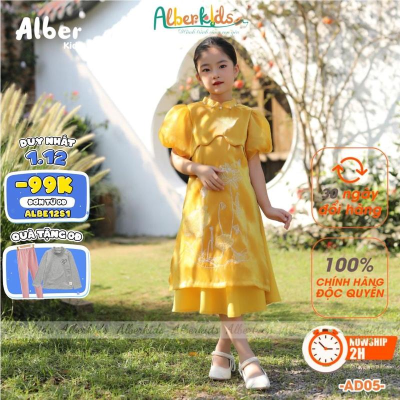 Áo dài thêu hoa sen 2 VÀNG ĐỎ ALBERKIDS phiên bản TẾT 2024 cho bé gái cho trẻ em 4,5,6,7,8,9,10,11,12 tuổi AD05