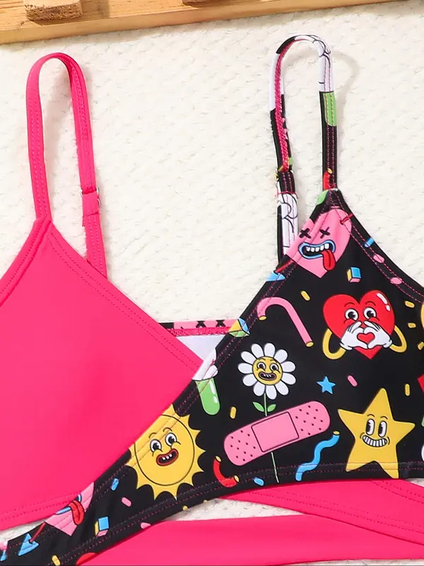 Two-piece Set Girl's Cartoon Print Criss Cross Bikini Set, Casual Adjustable Strap Cut Out Swim Top & Swim Bottom, Two-piece Set for Beach Holiday Vacation 3