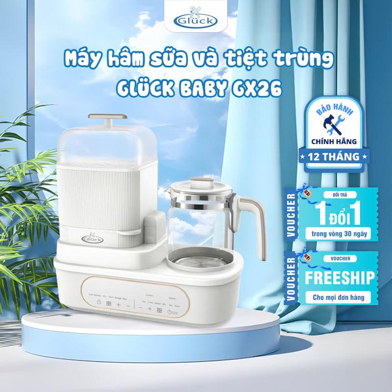 Máy Tiệt Trùng Sấy Khô Bình Sữa GLUCK BABY GX26 Tích Hợp Nấu Cháo Chậm Cho Bé Hấp Đồ Ăn Đun Nước Khử Clo Pha Trà - Chính Hãng Bảo Hành 12 Tháng
