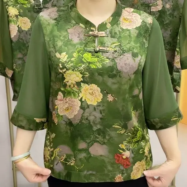 Middle-Aged and Elderly Large Size Mom Wear Spring and Summer New Fashion Loose Western Style High-End Slimming 3/4 Sleeve Top Shirts Womenswear