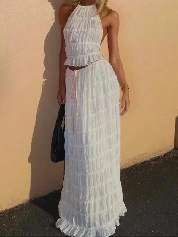 Women's Solid Crop Tank Top & Skirt Two-Piece Set, Sleeveless Cropped Top & Long Skirt, Ladies Summer Clothes for Party Club Dating 2