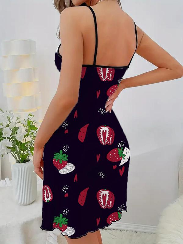 Women's Strawberry Print Lettuce Trim Cami Nightdress, Casual Soft Comfortable Spaghetti Strap Nightgown for All Seasons, Fashion Ladies' Sleepwear for Daily Wear 1
