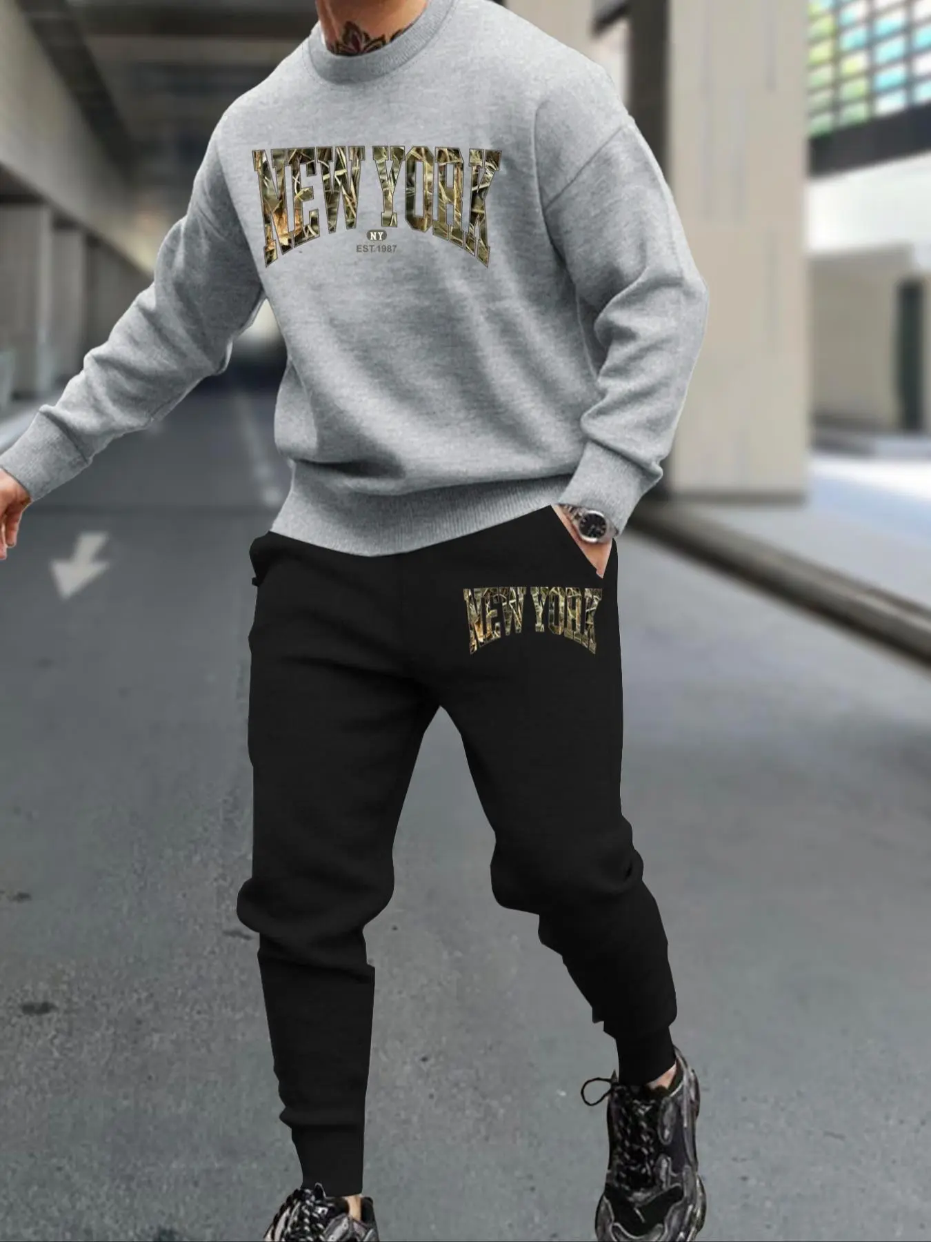 Men's Letter Print Sweatshirt & Sweatpants Set, Loose Casual Fashion Cozy Round Neck Long Sleeve Pullover & Jogger Pants for Daily Wear, Men Two-piece Outfits for Spring & Fall