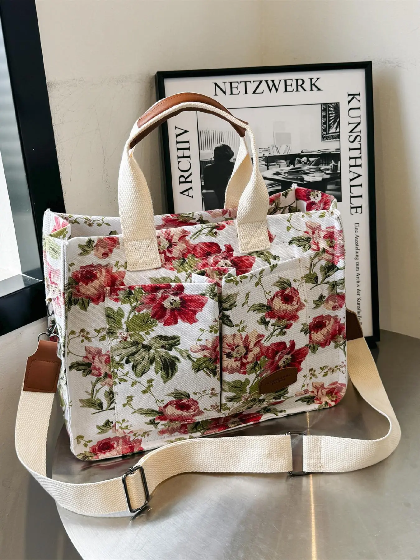 Women's All Over Floral Print Multi-pocket Tote Bag, Simple Bohemian Magnetic Closure Handbag, Fashionable Large Capacity Shoulder Bag for Daily Used, Casual Trendy Versatile High-quality Daily Commuting Bag