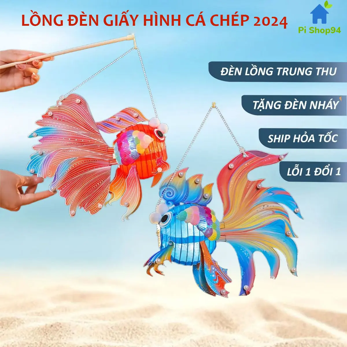 Đèn lồng trung thu 2024, Đèn lồng giấy hình cá chép độc đáo và sáng tạo có đèn led (tự lắp), quà trung thu, đèn trang trí lễ hội