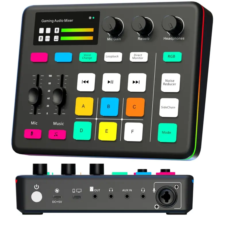 G1 Audio Mixer, Sound Card with RGB Lamp, XLR interface, 6 Custom Sound Effects, Live Sound Card with Various Sound Effects for DJ & VJ 0