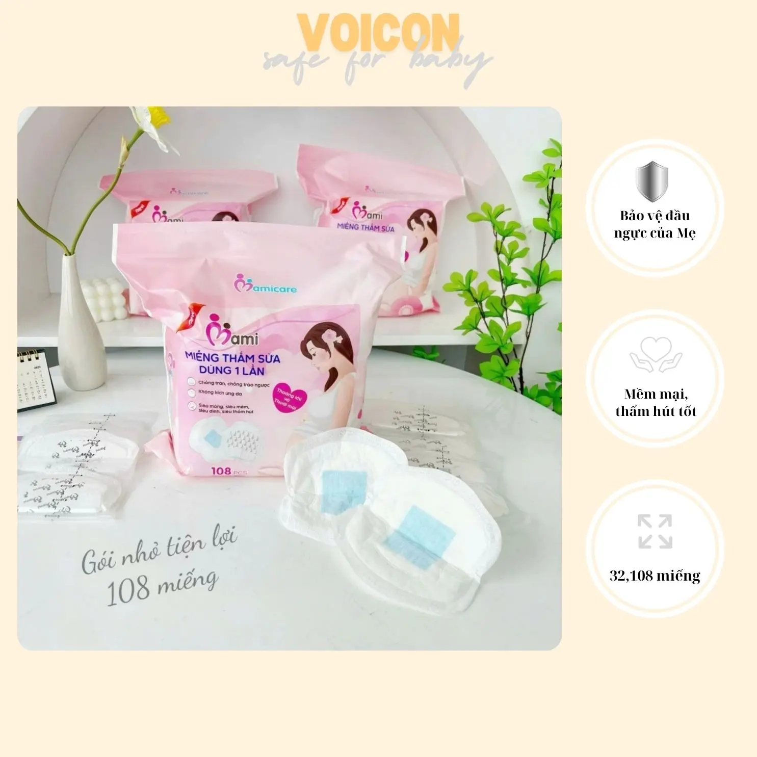Miếng lót thấm sữa Mamicare, Jubon hút sữa chống tràn tiện ích bịch 32 miếng và 108 miếng Voi