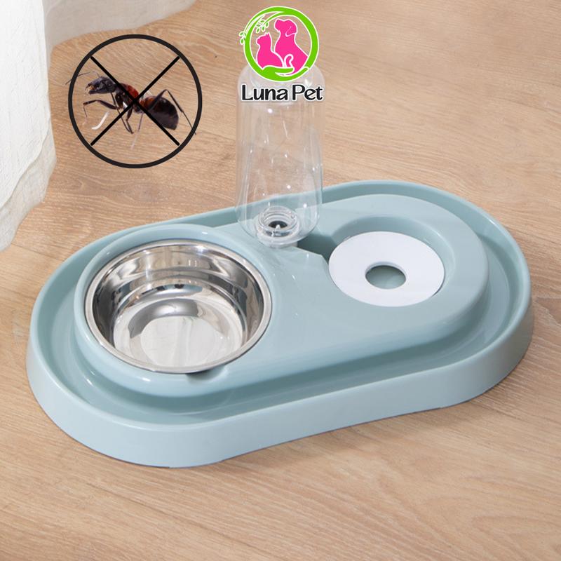 Bát ăn chống kiến cho chó mèo hai ngăn đôi có bát inox kèm bình nước tự động Luna Pet BA21