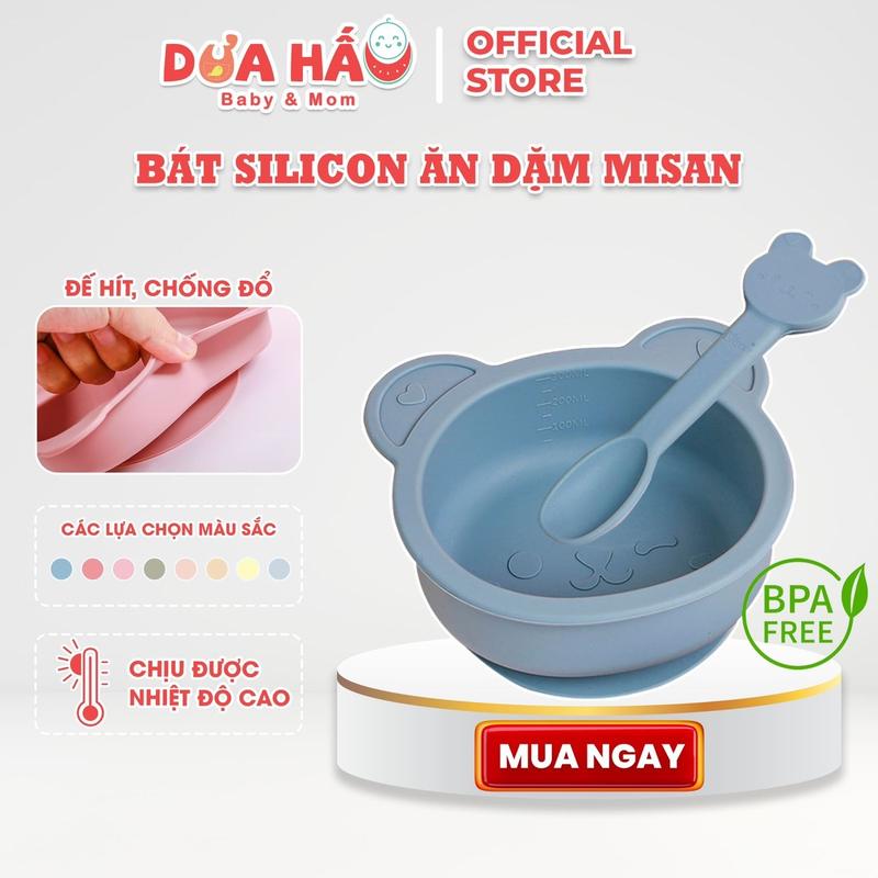 Bát ( Chén ) Ăn Dặm Silicon MISAN - Kèm Thìa Hình Gấu Có Đế Hít Chống Đổ Cho Bé Tập Ăn Dặm Phong Cách Hàn Quốc Kem