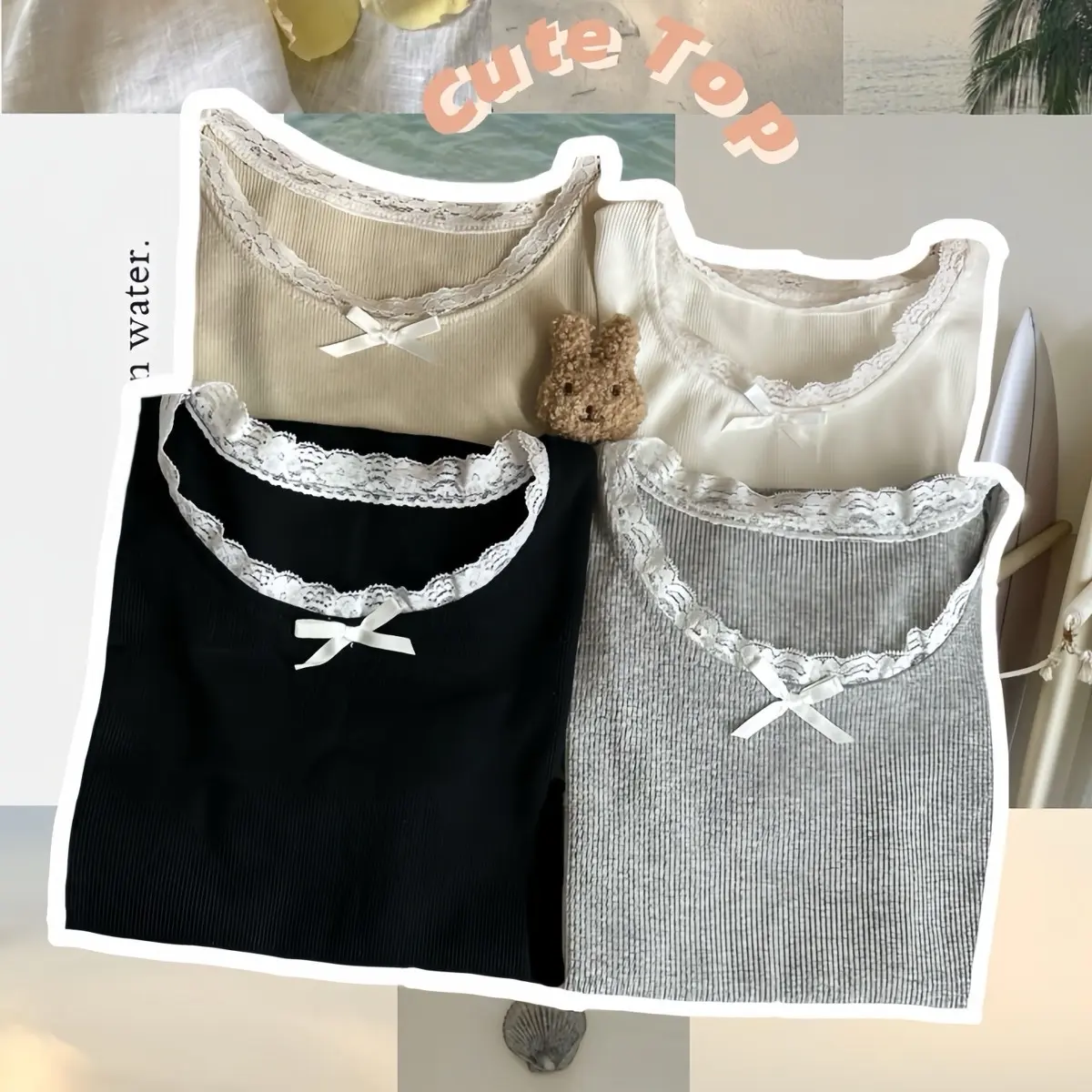 (Xả Kho) Cute Top - áo thun from ôm , cổ tròn viền ren phối nơ Nữ áo  ren áothunnu