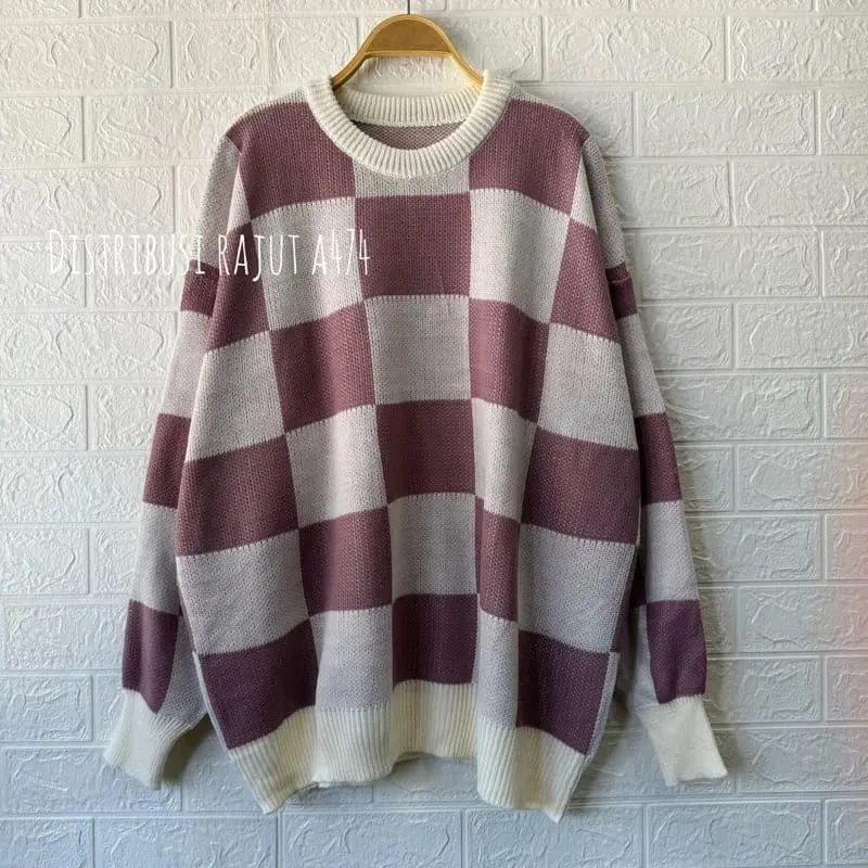 Anjani sweater rajut motif kotak atasan wanita korea lengan panjang Knitwear Fit Tangan 1