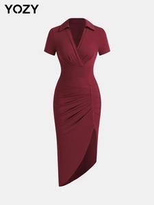 YOZY Women's Plain Ruched Wrap Bodycon Dress, Elegant Solid Color Short Sleeve Knee Length Dress for Party Holiday Wedding Guest, Ladies Summer Clothes