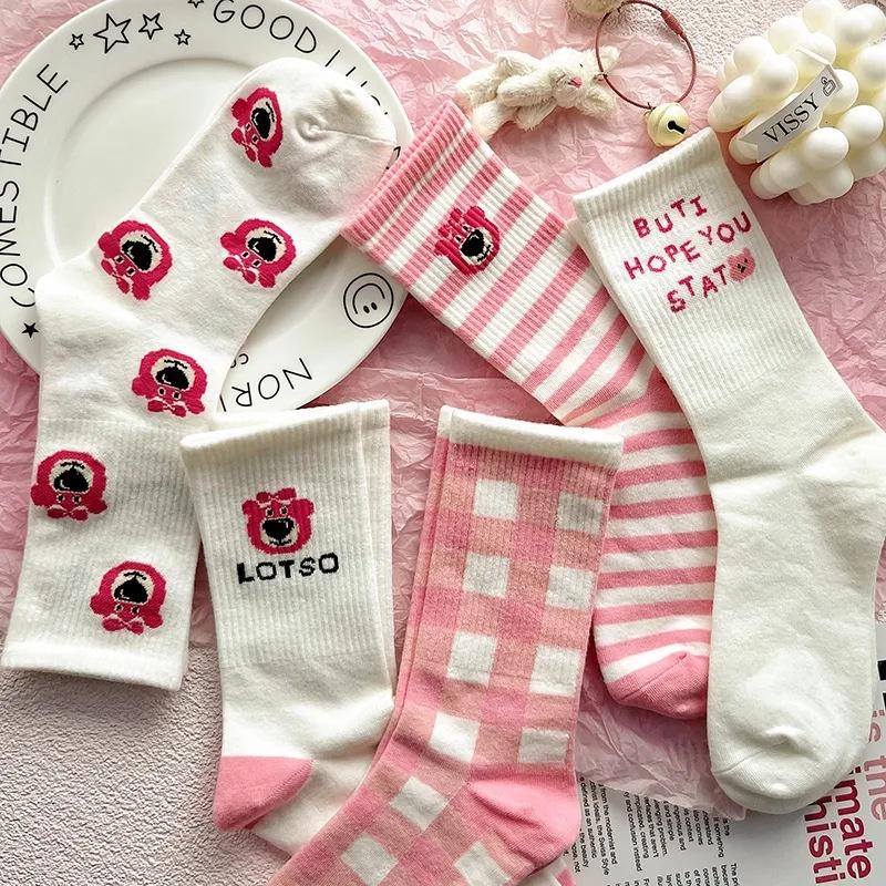 Pink Bear Cartoon Cute Sweet College Style Autumn Winter Stockings Women 2