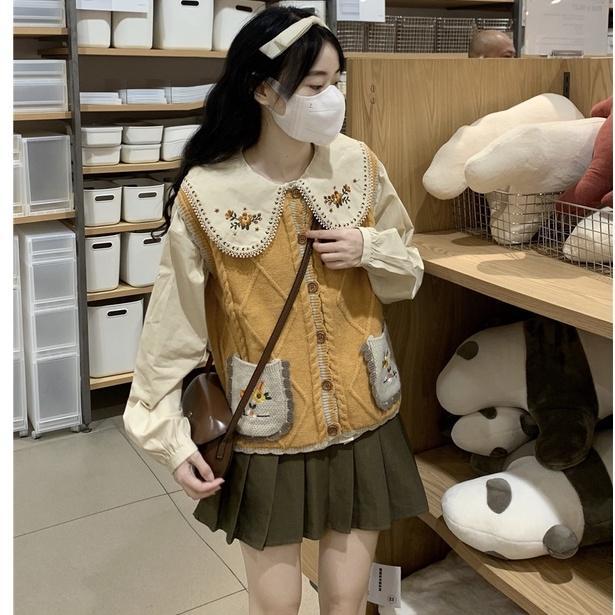 Áo khoác gile len nữ kiểu thêu hoa vintage, gile len nữ phối sơ mi form rộng cổ thêu 9133 Top