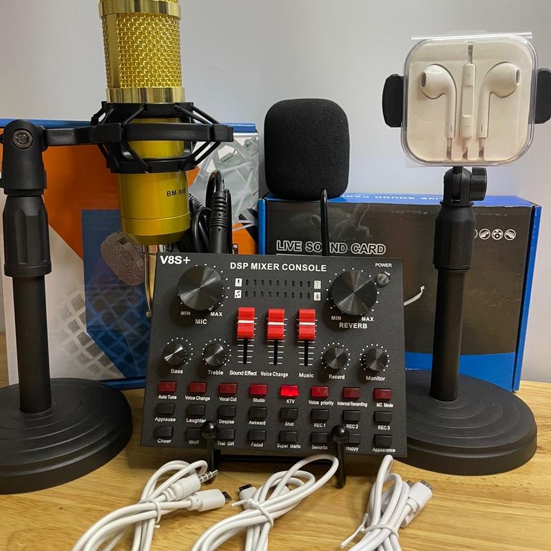Bộ Micro hát Thu âm live stream soucard V8S+ có bluetooth và Micro Bm900 woaichang vỏ kim loại đi kèm tai nghe giá đỡ Micro giá đỡ điện thoại