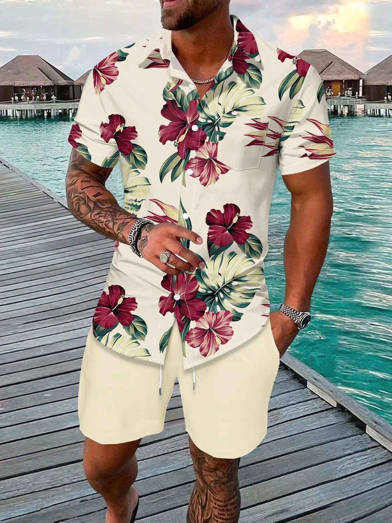 Two-Piece Set Men's Floral Print Shirt & Shorts, Regular Fit Casual Short Sleeve Button Front Top & Shorts, Men's Summer for Beach Vacation, Menswear