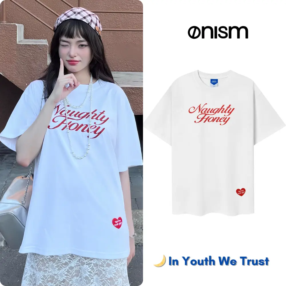 Áo thun unisex in kim tuyến NAUGHTY HONEY màu trắng- Basic tee ONISM Top Cotton Cổ Tròn Menswear