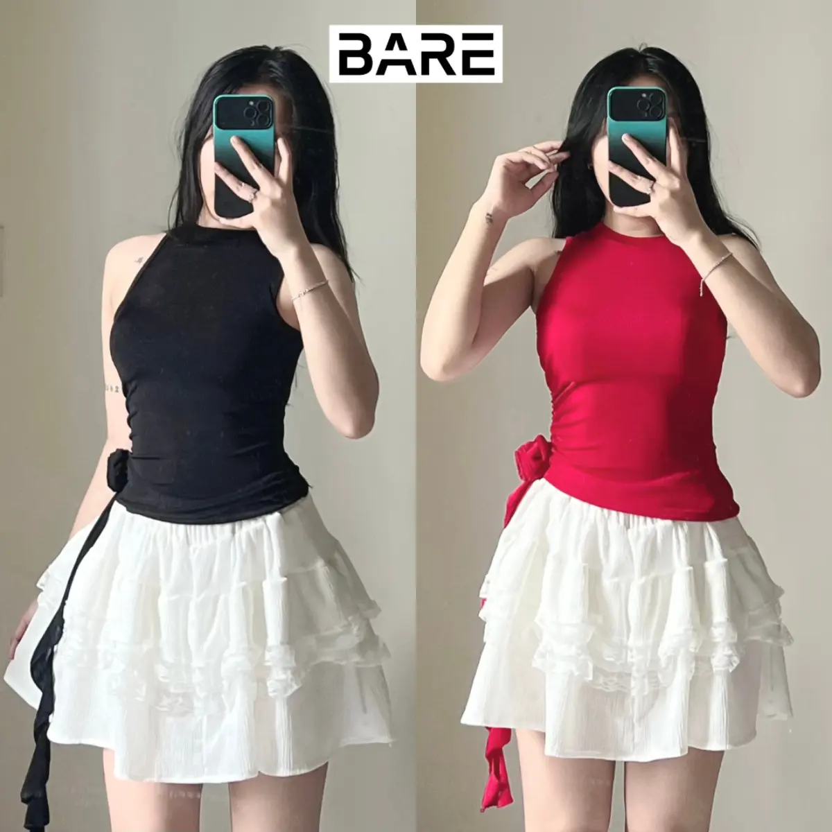 BARE.Y2K_Áo Thun Sát Nách Đính Hoa Có Lớp Lót Chất Dệt Nhũ_A275 Nữ Women Top Thun Voi Cotton Jean Cổ Tròn Ong Voan