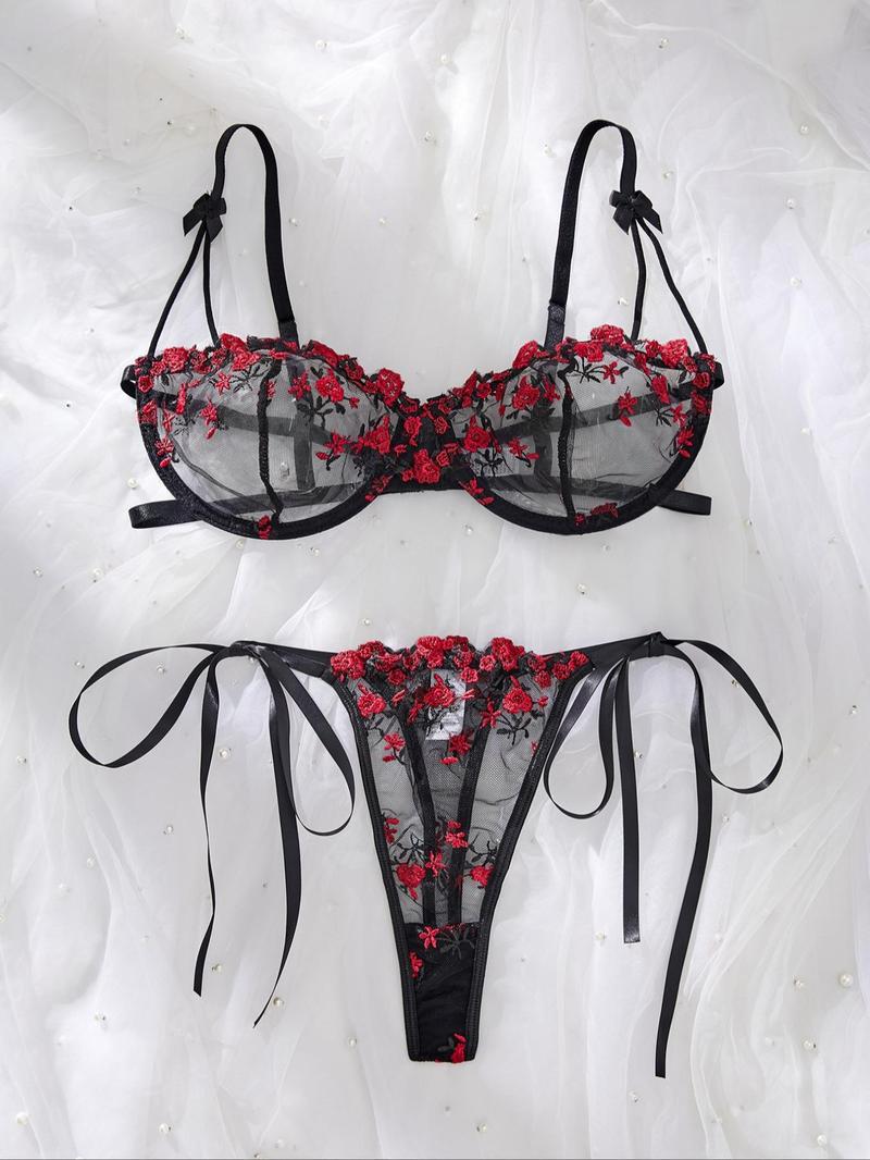 Product Introduction of Women's Ditsy Floral Embroidery Sheer Underwire Bra & Thong Sexy Lingerie Set, Adjustable Strap  Bra & Panty, Lingerie Set for Women 3