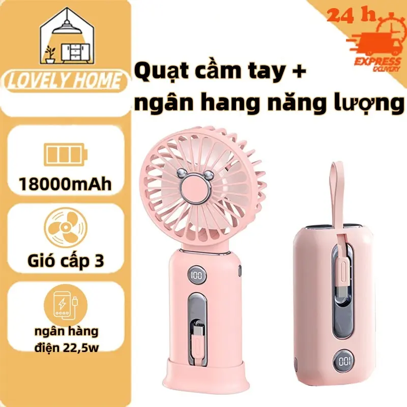 Quạt mini cầm tay + sạc dự phòng 2 in 1, màn hình LED 18000mAh sạc siêu nhanh bộ nguồn di động có dây kép Usb Mobile
