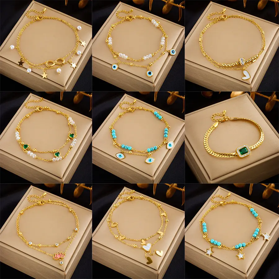 Niche Design Simple Advanced Retro Double Layer Twin Pearl Heart Diamond Five-Pointed Star Pendant Anklet