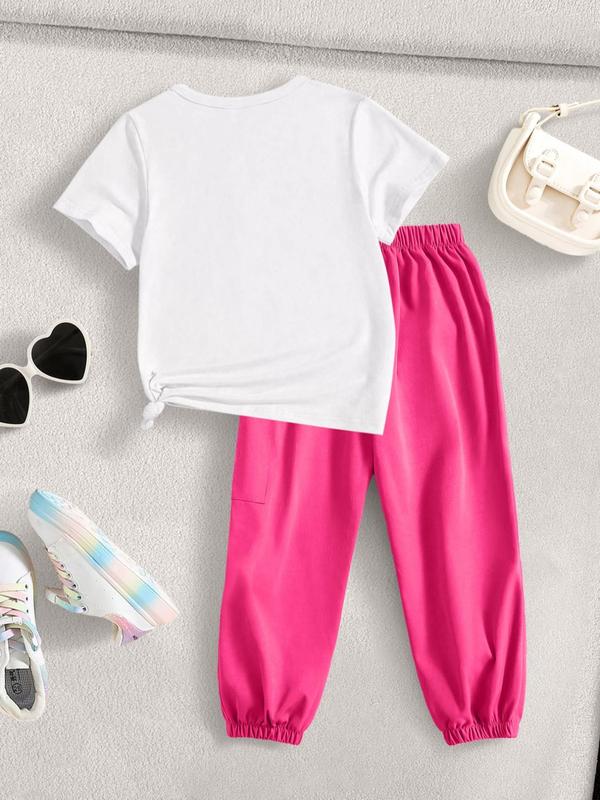 Toddler Girl's Cartoon Girl Print Tee & Pants Sweater Set, Casual Short Sleeve T-shirt & Trousers, Kids Summer Clothes 1