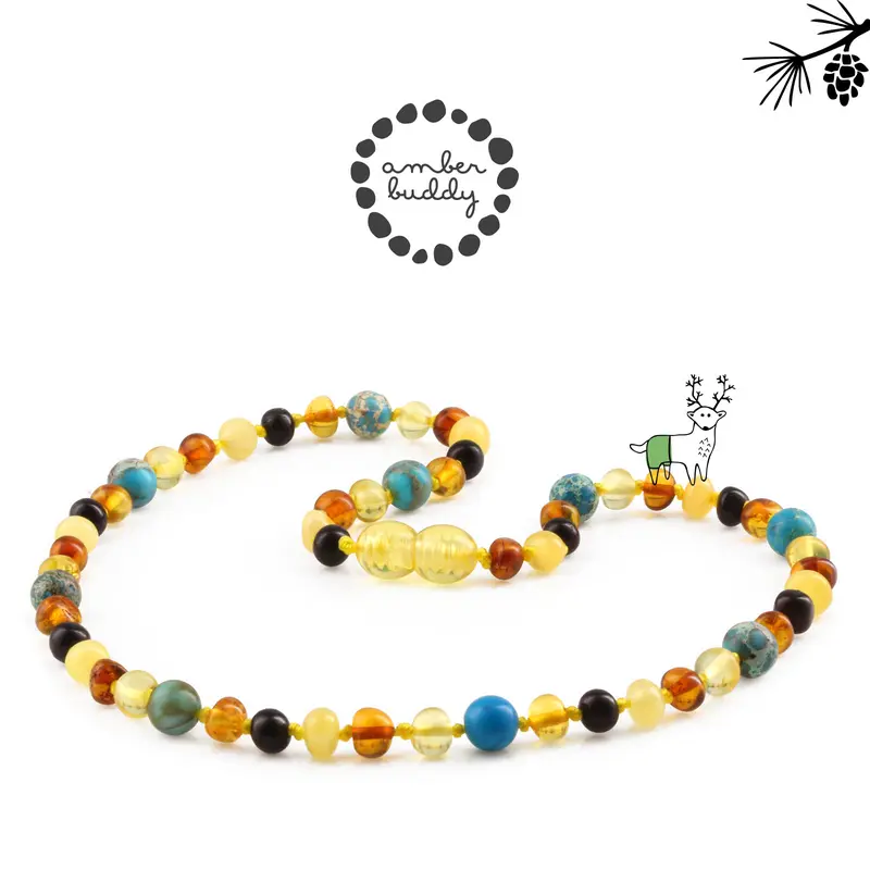 Amber Buddy - JN96 Kalung Amber dengan Lake Blue Imperial Jasper & Tridacna Shell untuk Junior. 38 cm [ FREE BANGLE ] 0