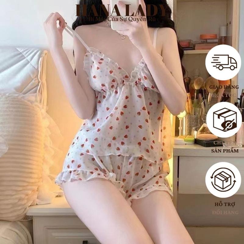 Bộ Đồ Ngủ 2 Dây Voan Mỏng - Đồ Mặc Nhà Họa Tiết Dâu Tây Đáng Yêu VN580