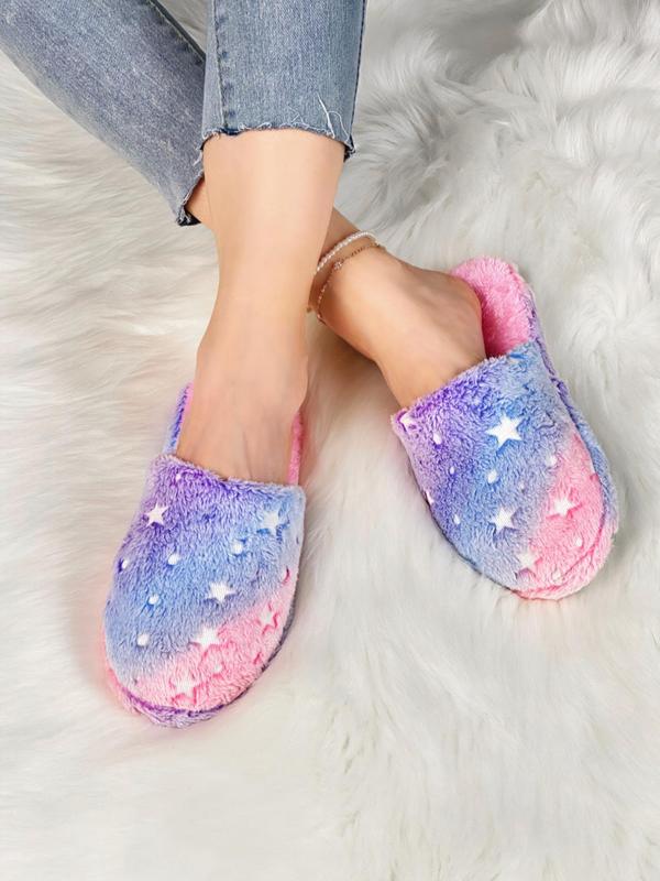 Women's Cute Fluffy Slippers, Trendy Ombre Star Design Plush Fuzzy Slippers, Fashion Soft Warm Cozy Bedroom Slippers for Daily Use 1
