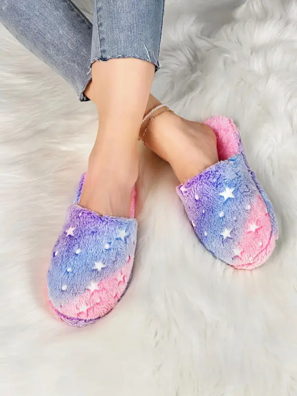 Women's Cute Fluffy Slippers, Trendy Ombre Star Design Plush Fuzzy Slippers, Fashion Soft Warm Cozy Bedroom Slippers for Daily Use 1