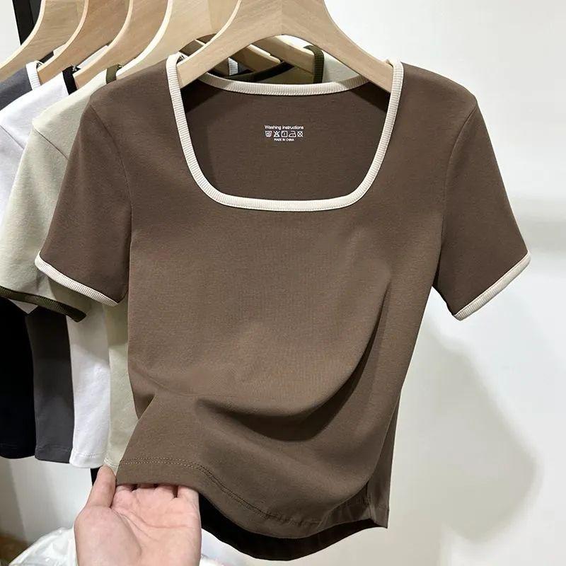 Product Introduction of Large Size Women's Korean-Style U-Collar Shoulder Striped Short-Sleeved T-shirt Women's Summer Fat Sister Versatile Belly Covering Short Top 2