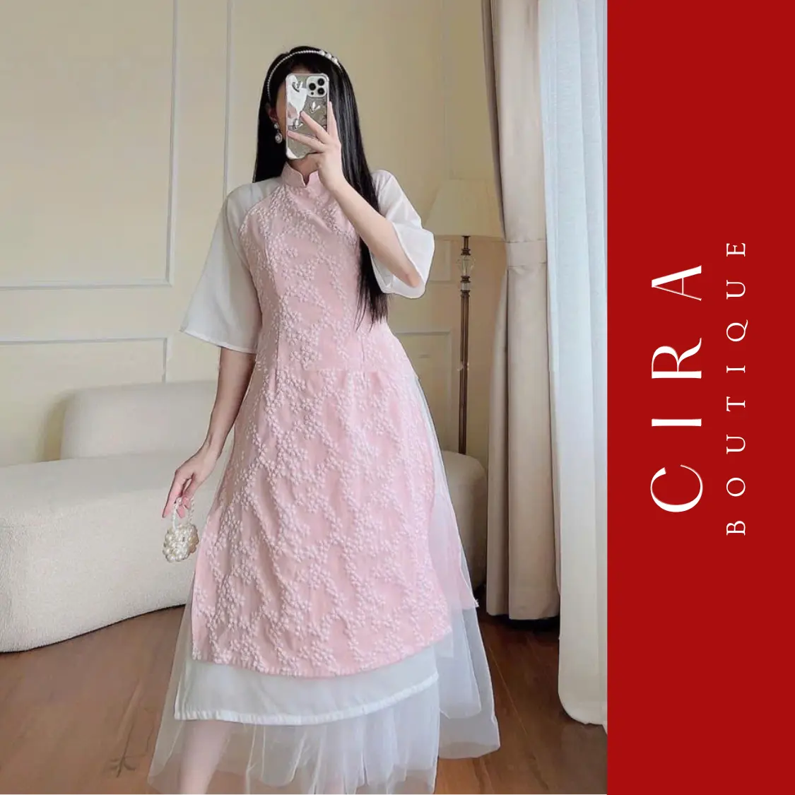 Sét Áo Dài Cách Tân Gấm Hoa Nổi Kèm Chân Váy Lưới Xoè - Màu Hồng - Size S/M/L/XL/2XL/3XL - Cira Boutique D0850 - Nữ, Kem Women Dress Ren