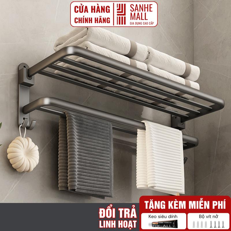 Giá treo khăn nhà tắm 40Cm Sanhe dán tường, kệ nhà tắm để khăn kèm thanh ngang treo quần áo nhôm chống han gỉ