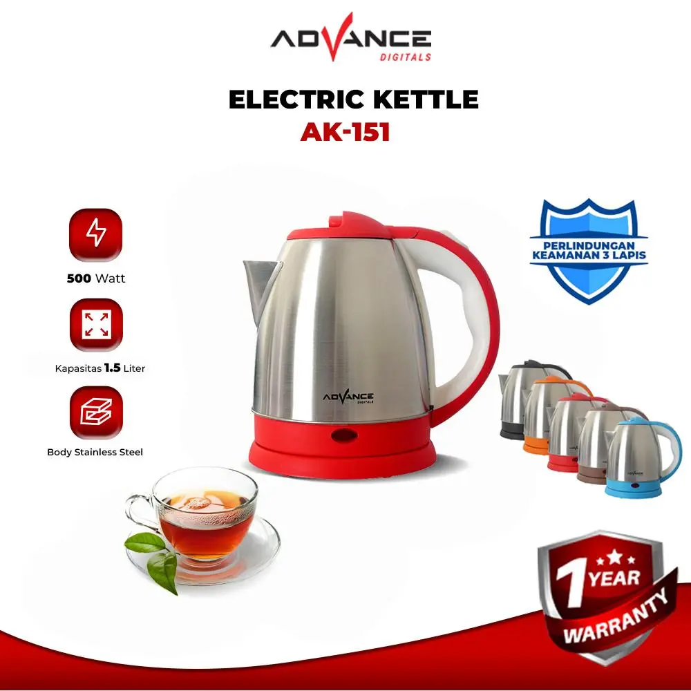 Advance Teko Listrik Stainless Steel AK-151 kapasitas 1,5 liter daya 500 Watt Garansi 1 Tahun