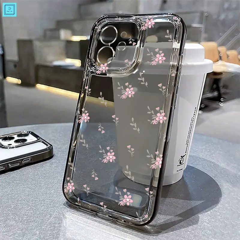 CASE SPACE BENING Softcase HP iPhone 11 12 13 14 PRO PROMAX XR  X XS XSMAX Iphone 7 8 SE2020 7plus 8plus 15promax Transparent High Quality INS-styleSmall Pink flowers for iCasing Ponsel 1