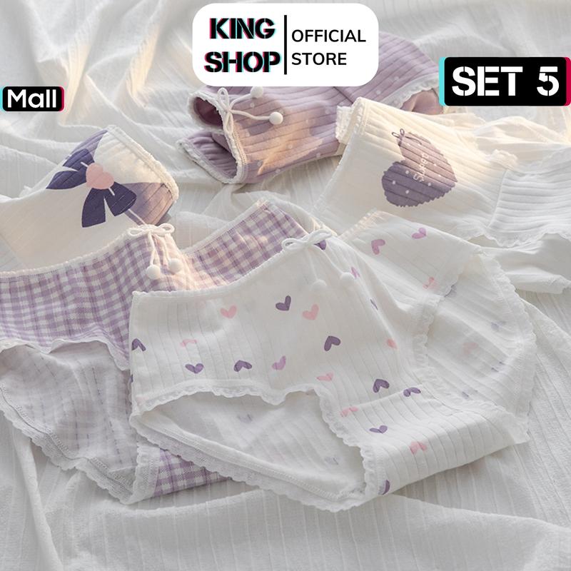 Combo 5 Quần lót nữ cotton gân tăm co giãn tốt - Set 5 Quần chíp nữ viền ren họa tiết dễ thương KINGSHOP - L0511 Women