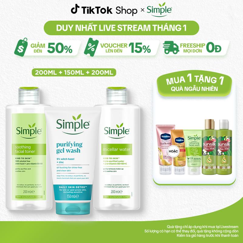 1 Combo 3 Skincare Simple Nước Tẩy Trang 200ml Sạch Sâu Ẩm Mịn + Sữa Rửa Mặt Kiềm Dầu Hỗ Trợ Ngừa Mụn 150ml + Nước Hoa Hồng Làm Dịu & Cân Bằng Da 200ml - Dành Cho Da Dầu Mụn