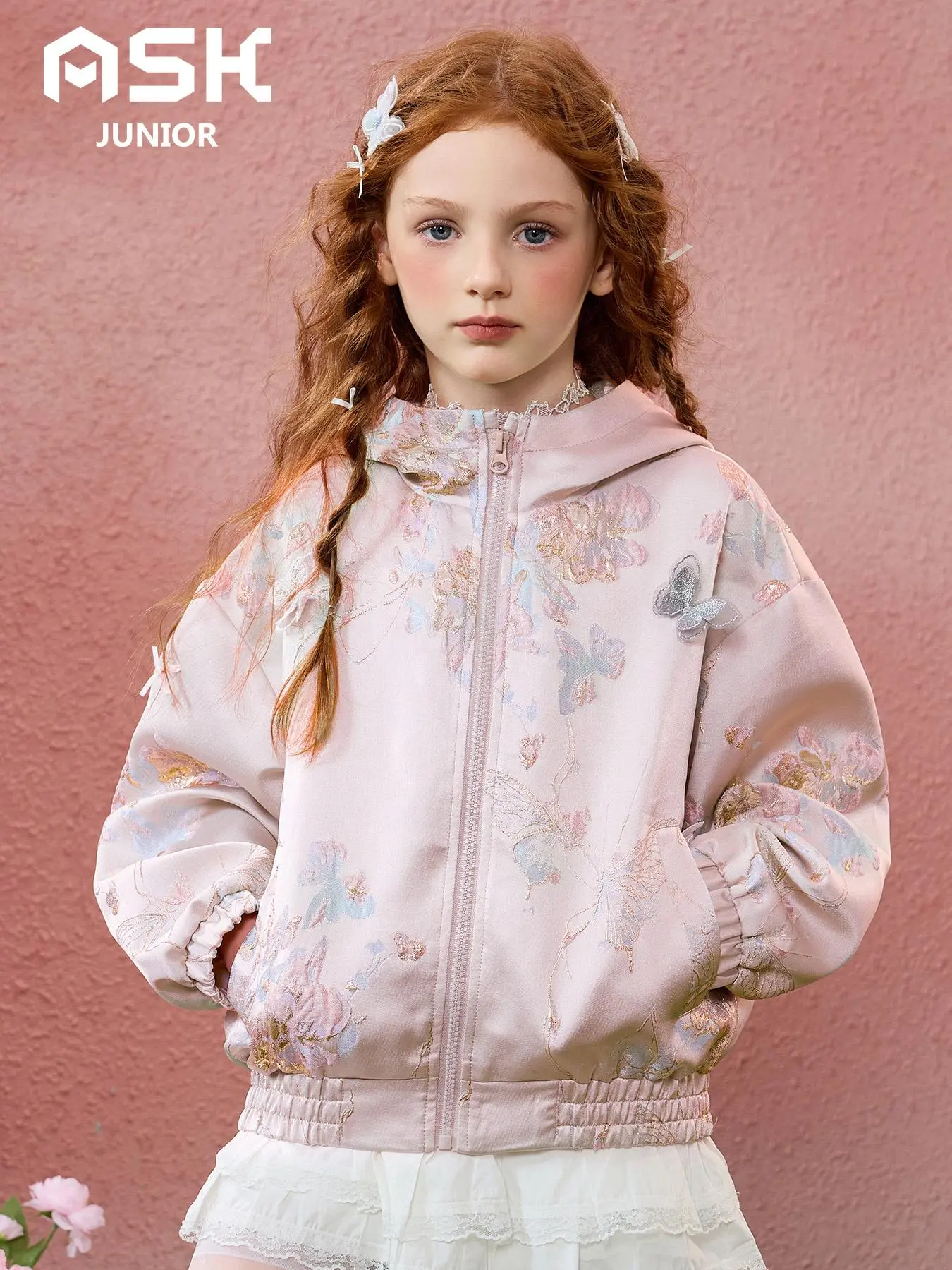 Girl's Floral Embroidery Hooded Jacket, Casual Long Sleeve Zip Up Outerwear for Daily Wear, Kids Clothing for All Seasons