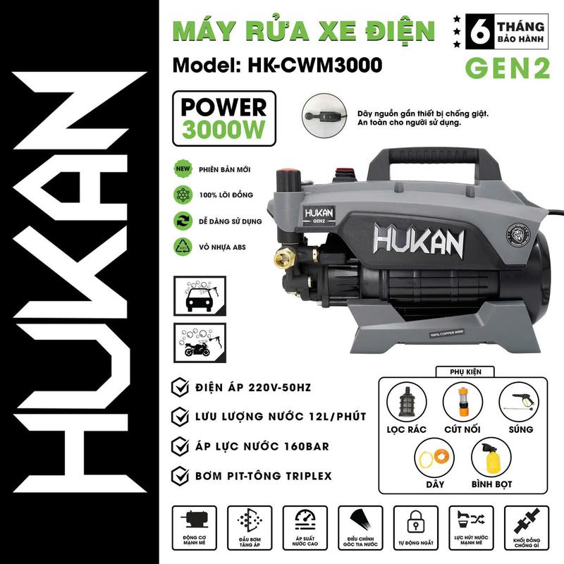 Máy Rửa Xe Điện Hukan CWM3000 Chuẩn Dây Đồng Công Suất 3000W Bảo Hành 6 Tháng