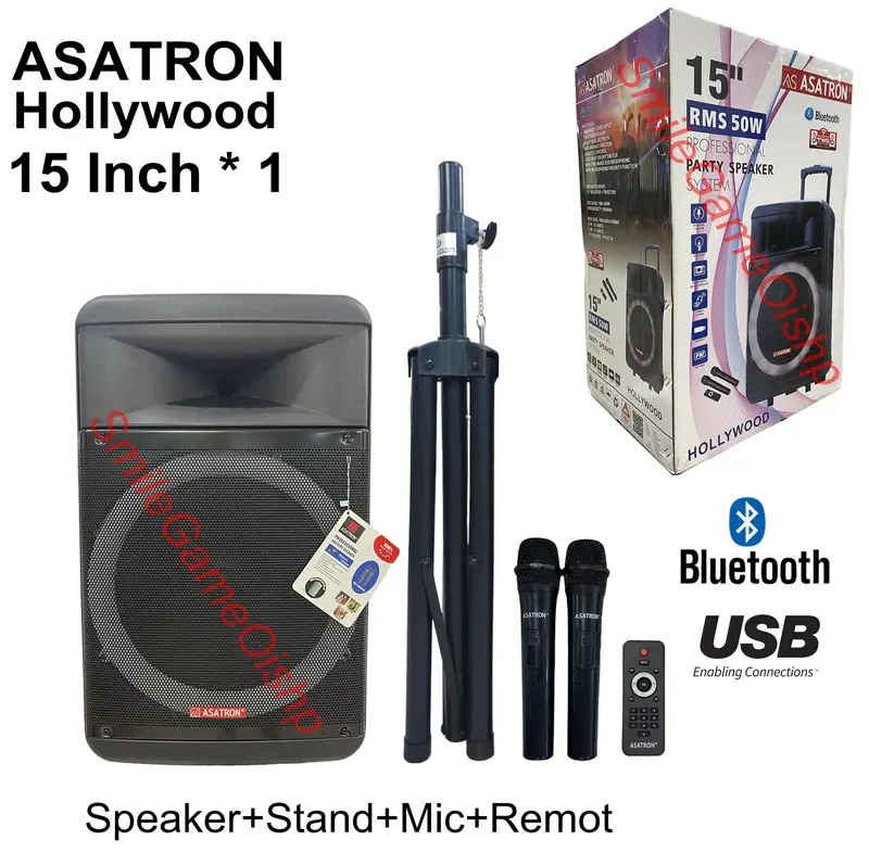 Speaker Asatron Hollywood 15 Inch Bisa Di Charger Bonus 2 Mic Wireless Free 1 Stand New Bluetooth Led 0