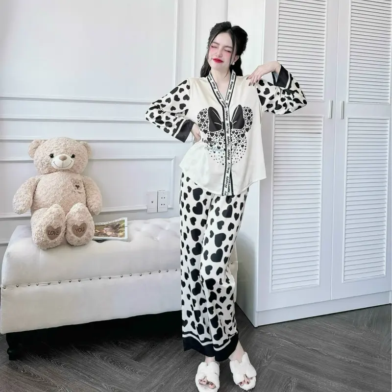 Bộ Đồ Ngủ Dài Cổ Y Dành Cho Nữ Hoạ Tiết Dễ Thương Chất Liệu VảI Lụa Latin Cao Cấp S1081 Women lụa 6