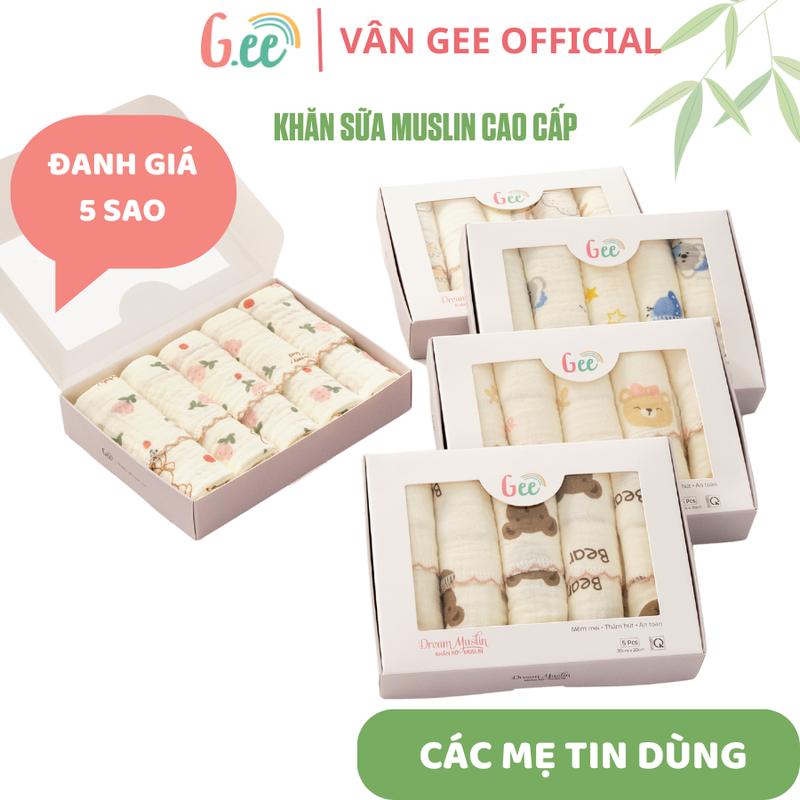 Set 5 khăn xô Muslin 2 lớp in hình (30x30) Gee - mềm mịn, thấm hút và êm ái cho bé thân thiện với làn da của bé cotton nguyên chât