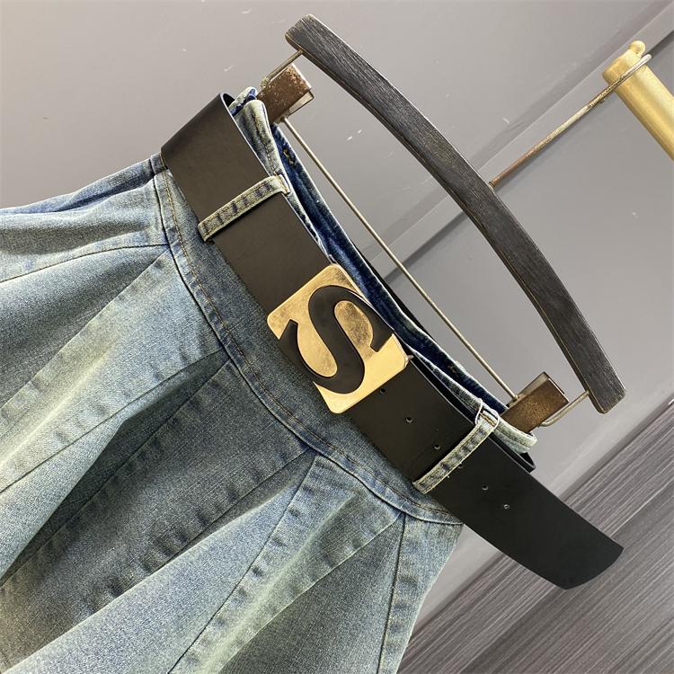 Thắt lưng da bản to phối khóa chữ S dây lưng cho nữ màu đen cá tính