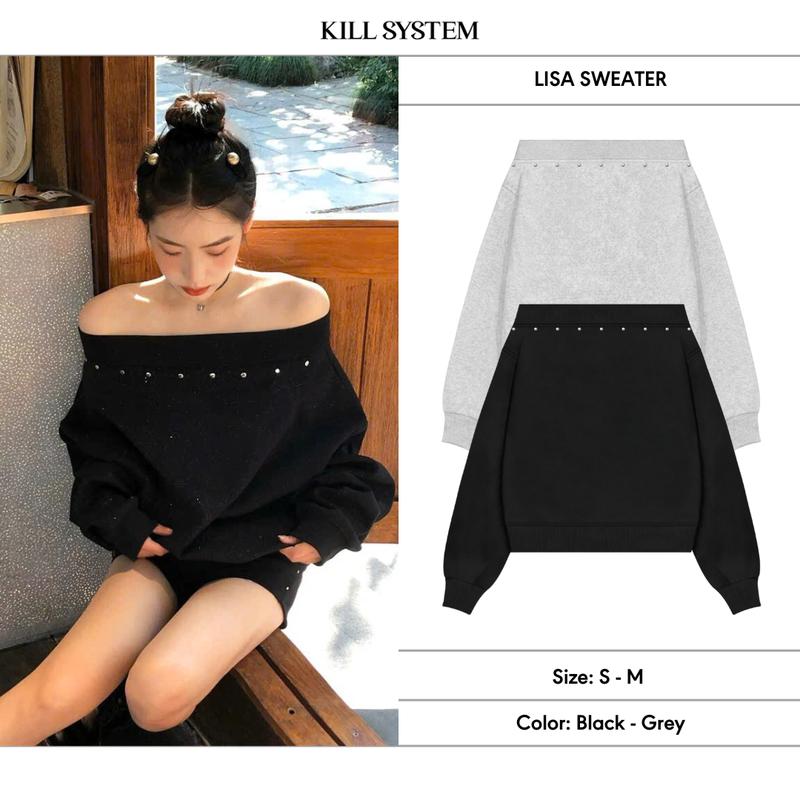 KILLSYSTEM- Áo sweater trễ vai đinh tán tay dài LISA