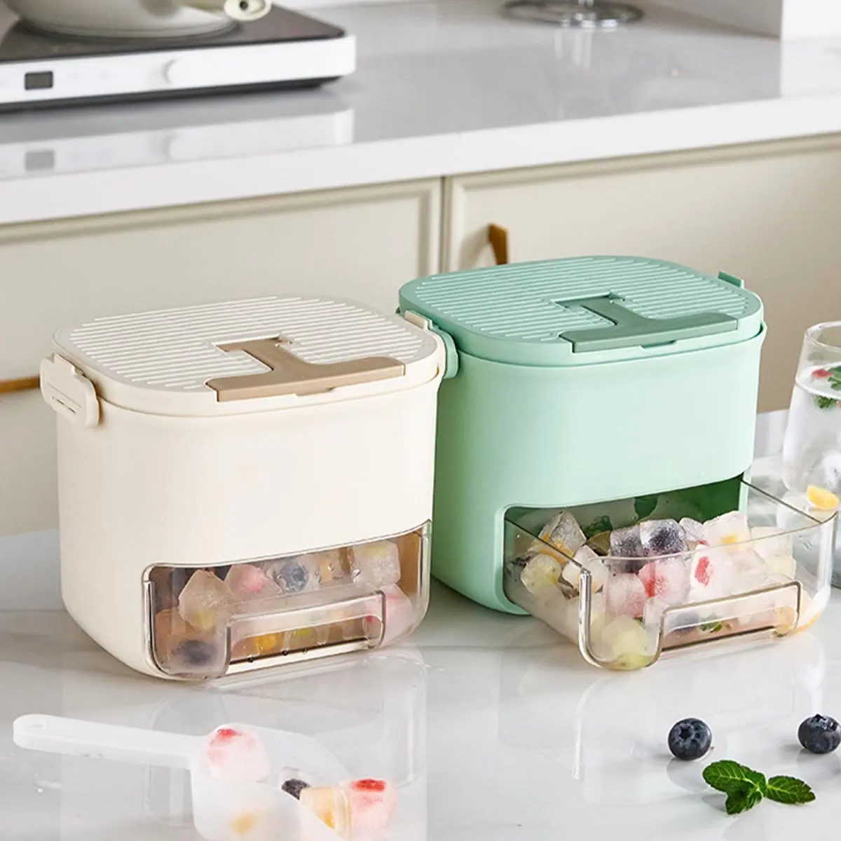 Ice Cube Maker Box, 1 Set 52 Grids Ice Cube Maker with Ice Shovel & Box, Portable Ice Cube Maker for Home Kitchen Picnic Dormitory Office