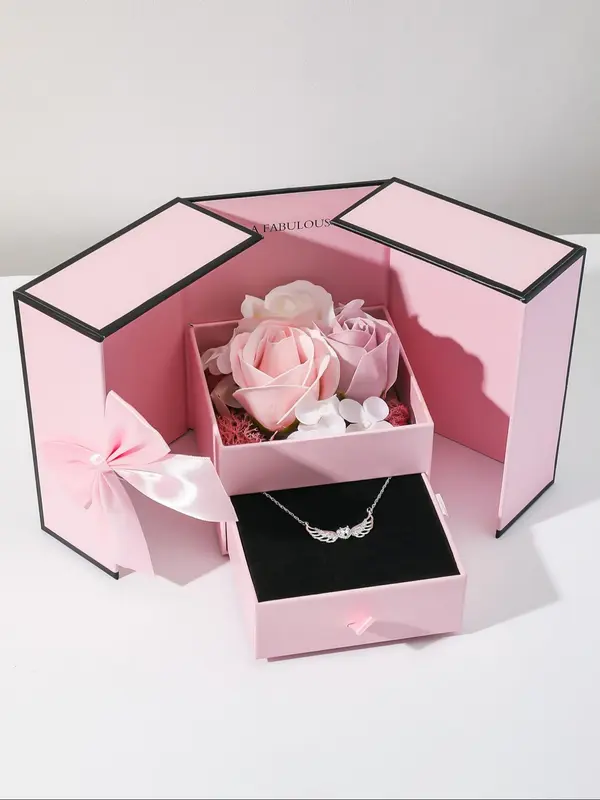 Women's Elegant Rhinestone Decorated Heart & Wing Design Pendant Necklace, Valentine's Day Gift, Exquisite Trendy Pendant Necklace fro Women, Chic Jewelry for Party & Daily Clothing Decor with Soap Flower Gift Box 0