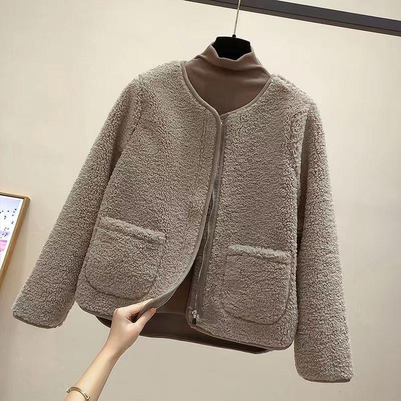 Product Introduction of round Neck New Women's Autumn and Winter Western Style Korean Style Loose Fleece Coat Fleece Short Cardigan Jacket 4