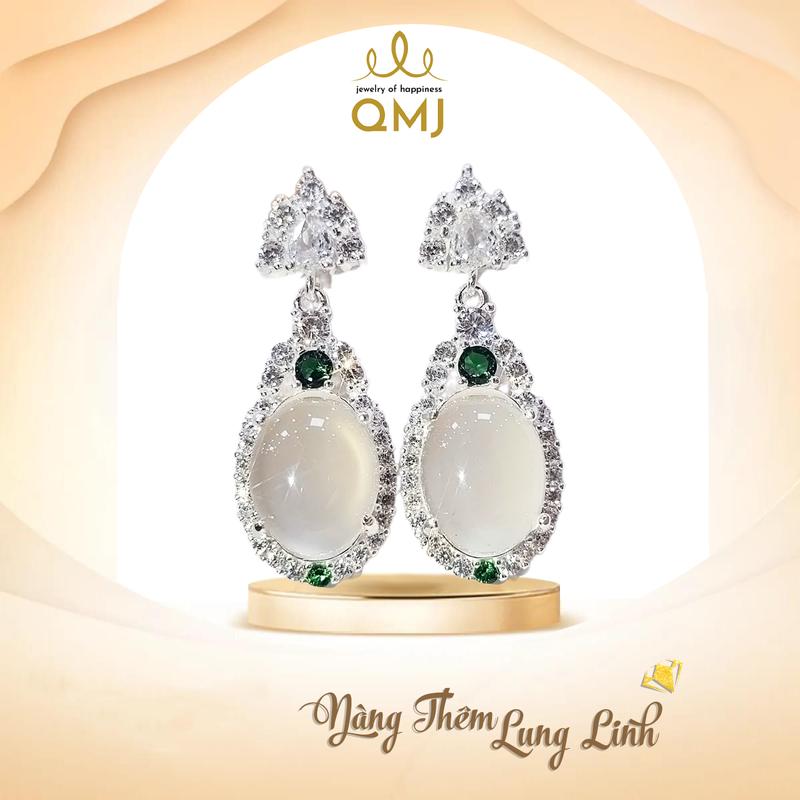  QMJ STORE - Q23 Bông tai BẠCH NGUYỆT QUANG bạc nữ đẹp Q290 dáng dài nạm đá moon lấp lánh thời trang phụ kiện trang sức bạc 925 cao cấp bông tai nữ 