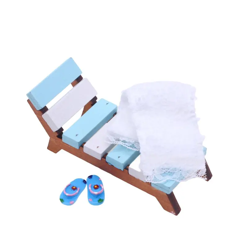 Mini Summer Beach Set, Wooden Beach Chair & Umbrella & Towel & Basket & Thermometer Model, Miniature Scene Shooting Props Model 4